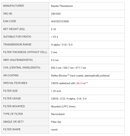 baader cmos optimized 1.25 narrowband filter specificaties