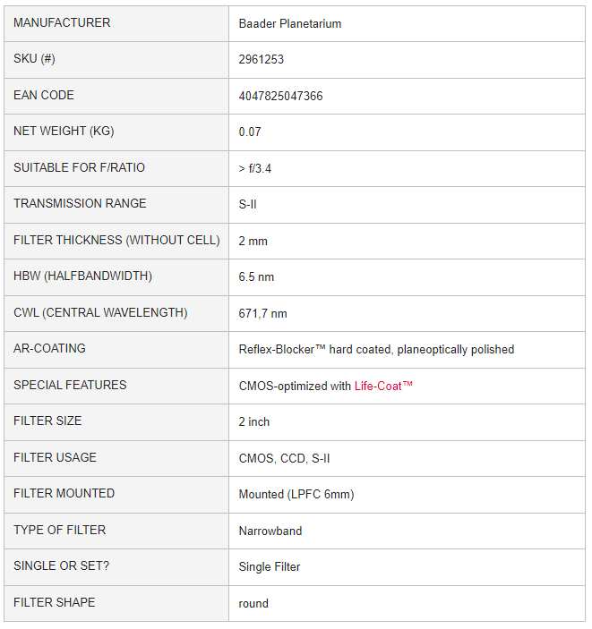 Baader SII narrowband filter 2inch specificaties