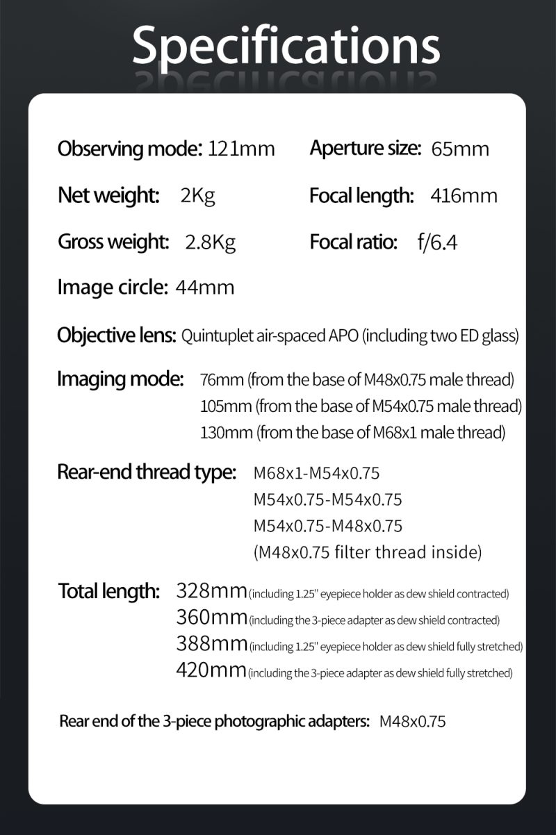 ZWO FF65 APO Specificaties