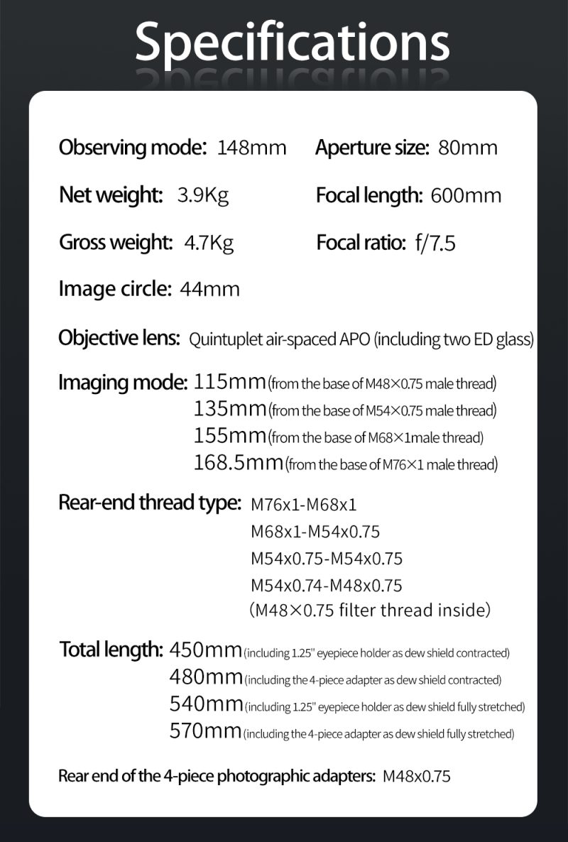 ZWO FF80 APO specifications