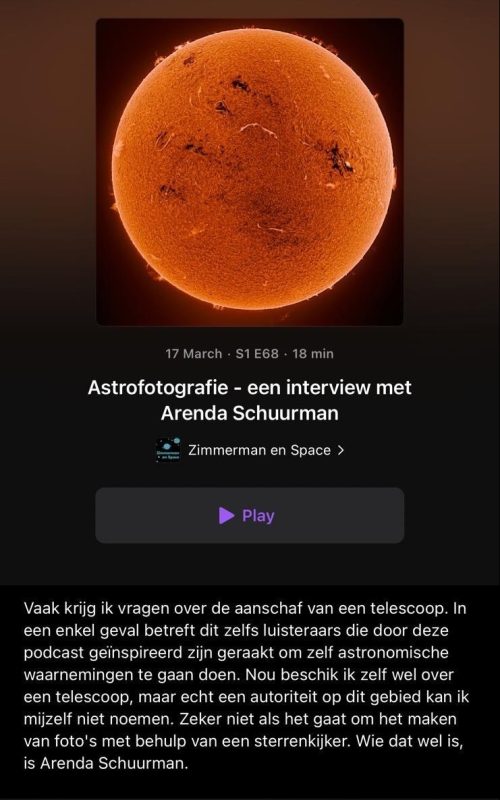 Zimmerman en Space - Astrofotografie - een interview met Arenda Schuurman